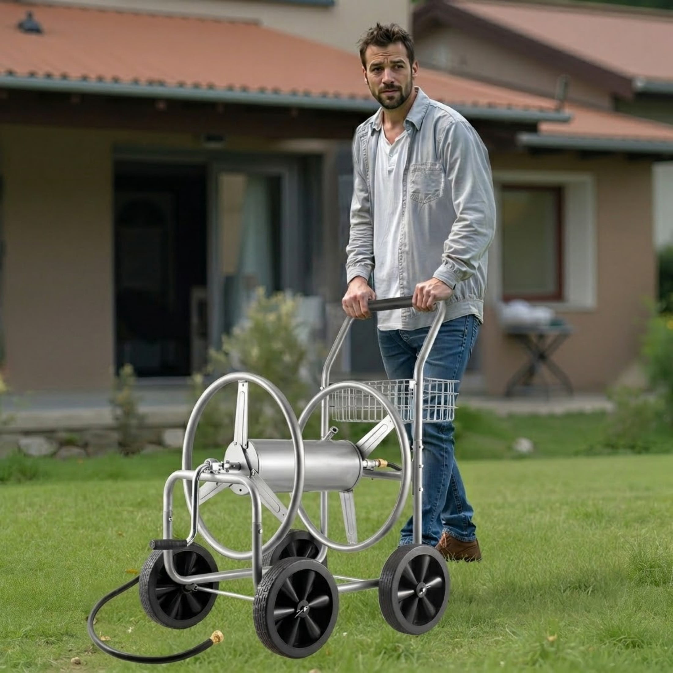 250 ft Garden Hose Reel Cart, Heavy Duty Steel Mobile Water Hose Cart with 4 Wheels & Storage Basket
