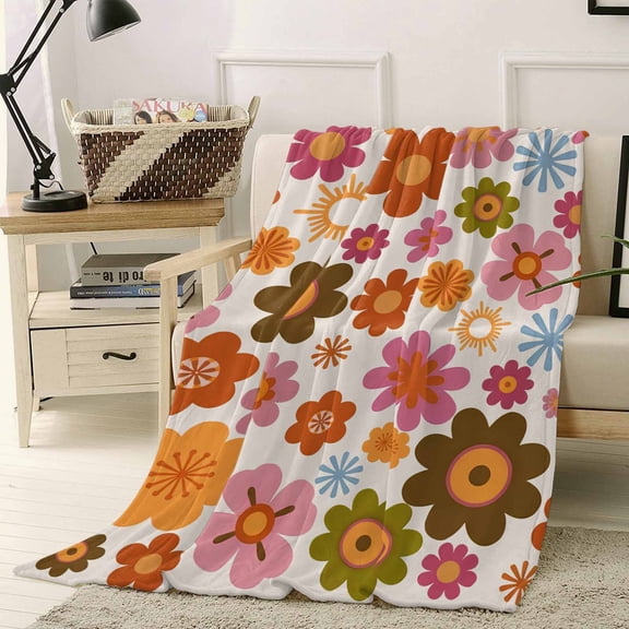 Throw Blanket Fleece Throw Blanket 40x50in, Boho Orange Pink Flower Soft Lightweight Bed Blankets Abstract Colorful Floral Seamless Fuzzy Couch Blankets for All Season