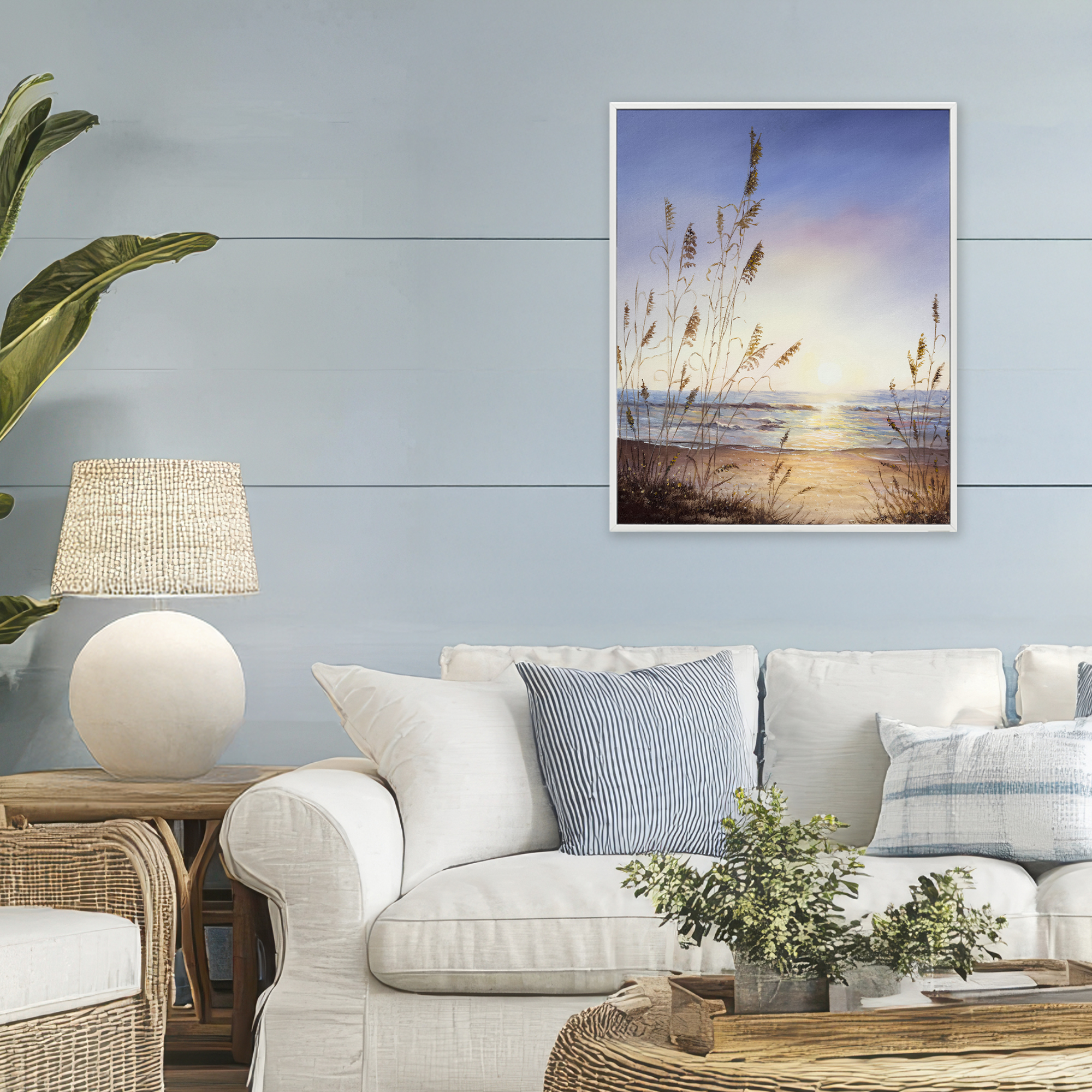 Seascape with Sunlit Grasses White Framed Giclee Art, design by Michelle Faber