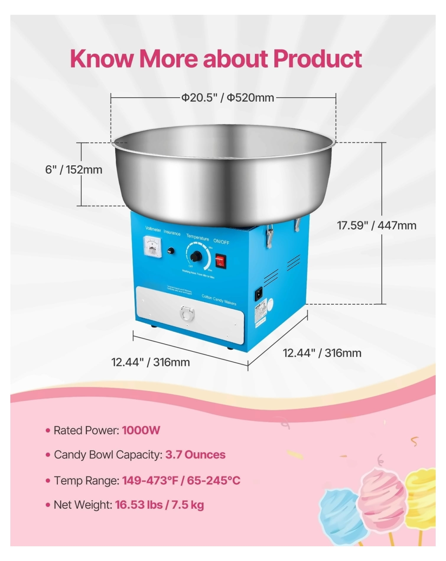 Electric Cotton Candy Machine, 1000W Commercial Candy Floss Maker with 20.5" Bowl, Blue - Home & Party Use
