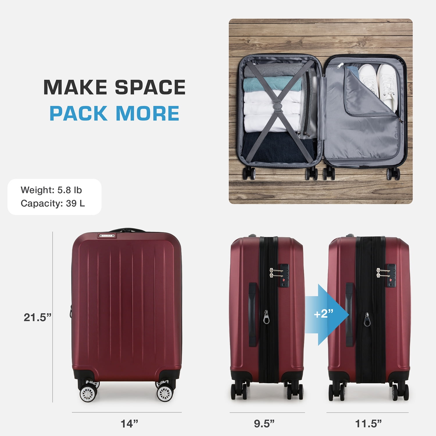Elite Luggage Dori Hardside Expandable Carry-On Spinner Luggage, Burgundy, 21" Carry-on
