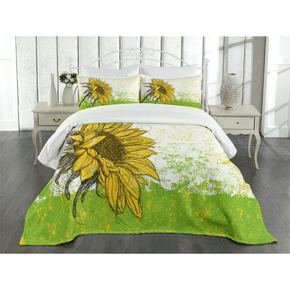 Ambesonne Nature Quilted Bedspread Set 2 Pcs, Floral with Sunflowers, Twin Size, Multicolor