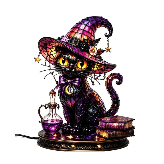 MYUNNIL Halloween Black Cat Night Light, 11.81" Vintage Gothic Stain Glass Floral Witch Hat Black Cat USB Powered LED Acrylic Lamp with Sturdy Base for Bedroom Bookshelf Home Decor