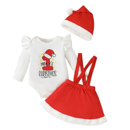 

Usaibhir Newborn Baby Girls 3Pcs Outfits Stylish Casual Skirt Flying Sleeve My 1St Christmas Romper Red Suspender Skirt Hat Set 0-18M