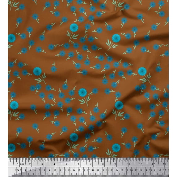 Soimoi Cotton Cambric Fabric Leaves & Blue Flower Floral Print Fabric by the Yard 56 Inch Wide