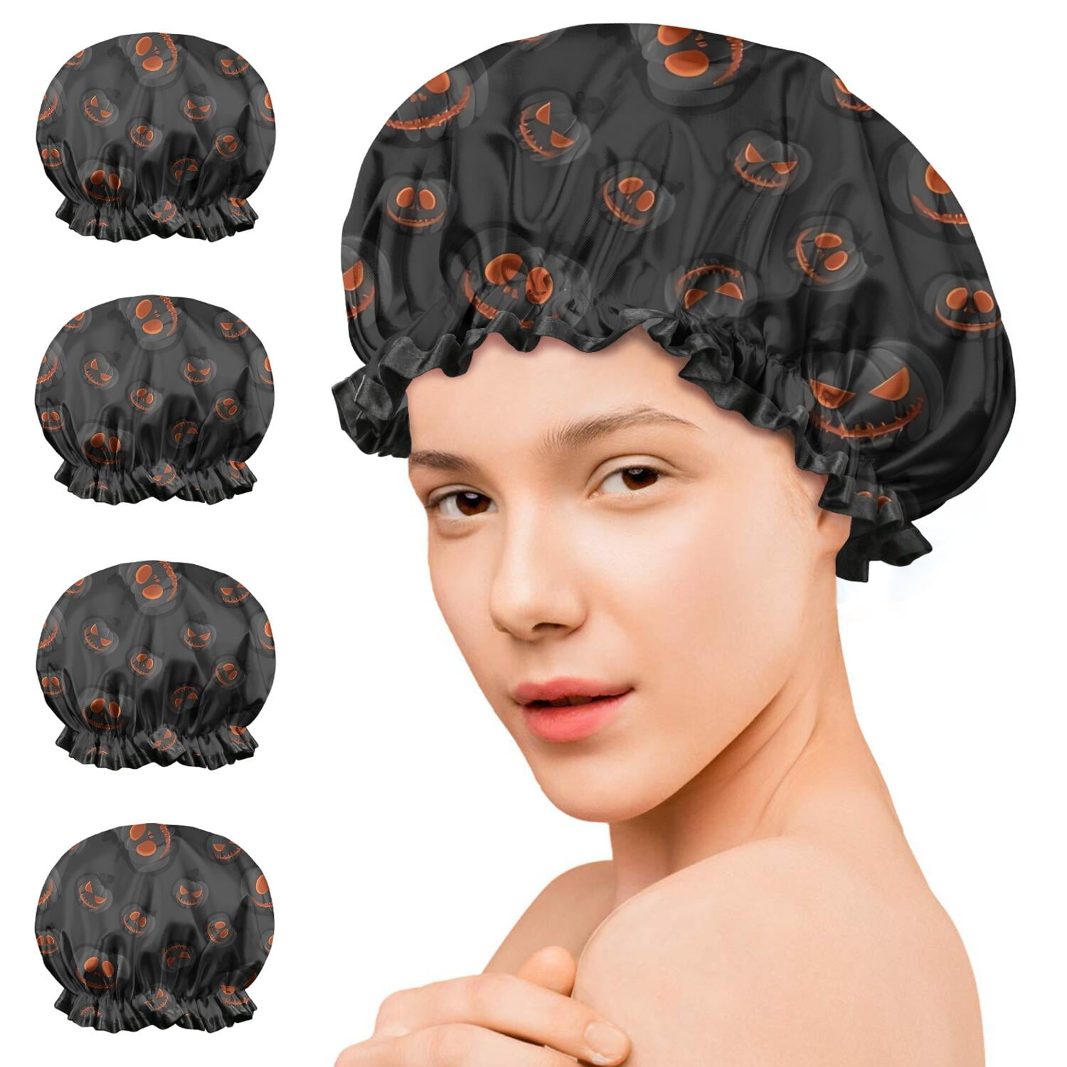 Shower Caps,Black Halloween Pumpkins Waterproof Shower Cap for Women 4 Pieces,Double Reusable Hair Cover for Shower PEVA Elastic Stretch Hem