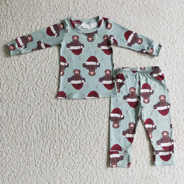 Venta al por mayor de pijamas de Feliz Navidad de Papá Noel para niños, conjunto de manga larga para niñas, pantalones de leopardo para niños, ropa de dormir para niños pequeños, ropa de dormir