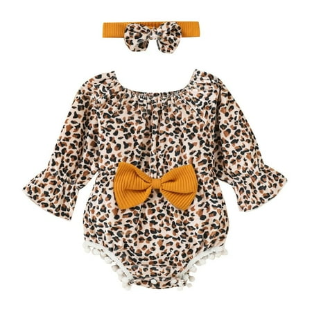 

Stibadium Newborn Baby Girl Leopard Romper Cotton Bodysuit Short Sleeve Rompers Jumpsuit Headband Outfits Set Infant