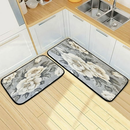 

Wobogo White Peony Pattern Kitchen Carpet Set of 2 Absorbent and Stain Resistant Non-slip Star Rubber Backing
