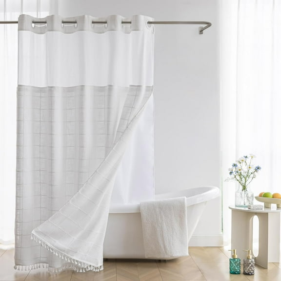 Shower Curtain with Snap-in Liner, No Hooks Needed ,Fabric Shower Curtains with Tassels for Rustic Bathroom Decor,with Window,with Magnets,Water Repellent&Machine Washable,White,71x74Inch