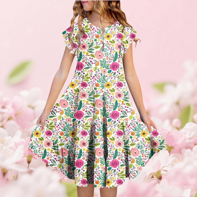 Zpanxa Robes d'Été pour Filles Manches Courtes Volantées Col Rond Imprimé Floral Taille Poche Robe Superposée Polyester Spandex Multicolore 8-9 Ans