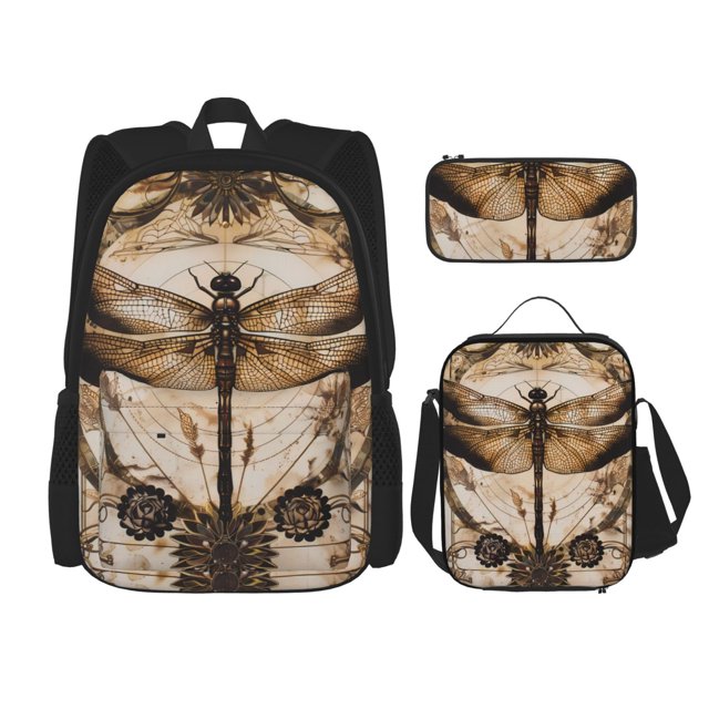 Balery Vintage Dragonfly Artwork Mochila escolar 3 en 1 para niños: mochila resistente con lonchera térmica y estuche para lápices. Mochila escolar para niños y niñas.
