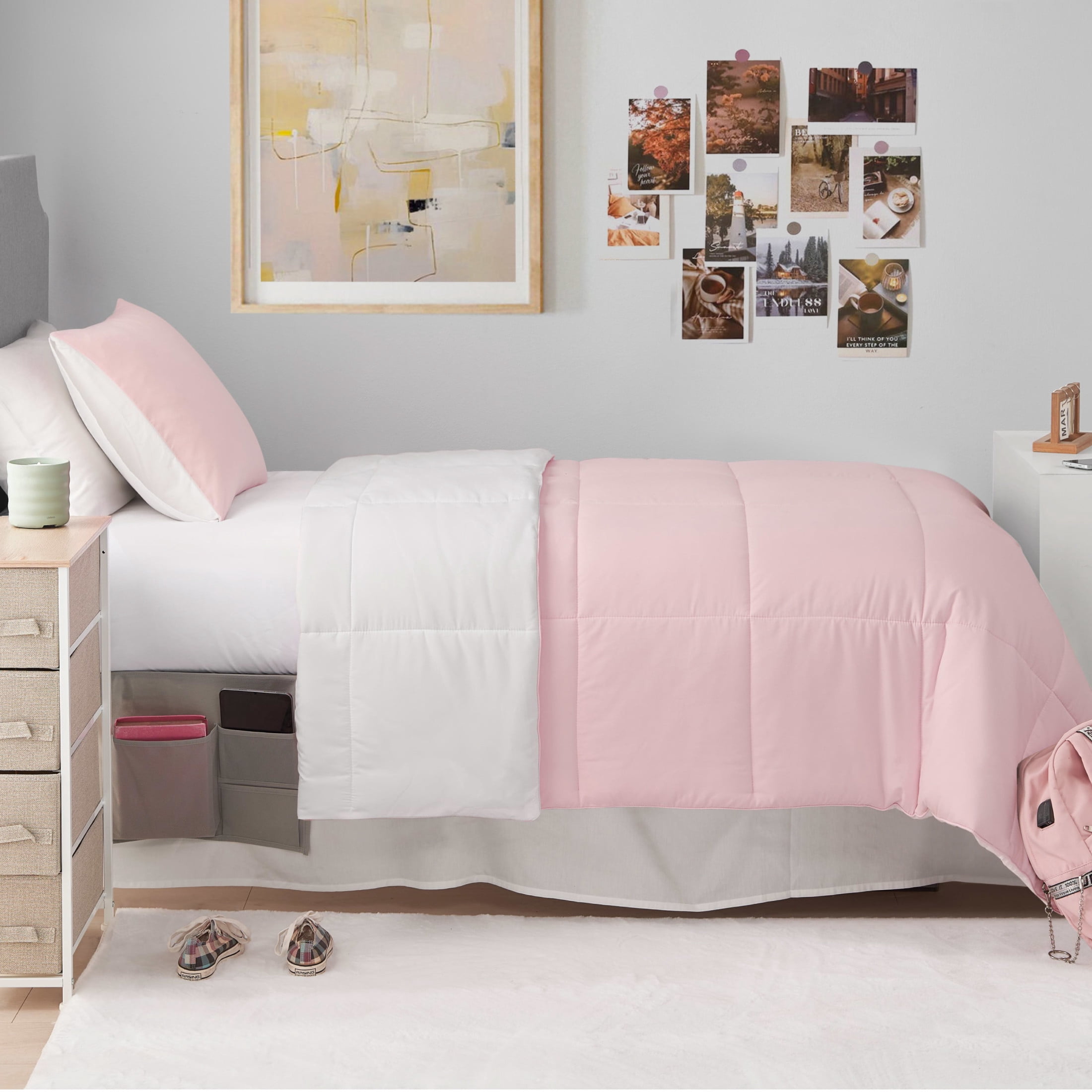 The Sheet Lab Reversible Box Stitch Comforter Set, 3-Piece Full/Queen – Light Pink/White