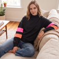 thumbnail image 5 of Oversized Color Block Sweatshirts for Womens Mock Neck Pullover Tops Long Sleeve Side Slits Drop Shoulder Shirt with Pockets Black S, 5 of 9
