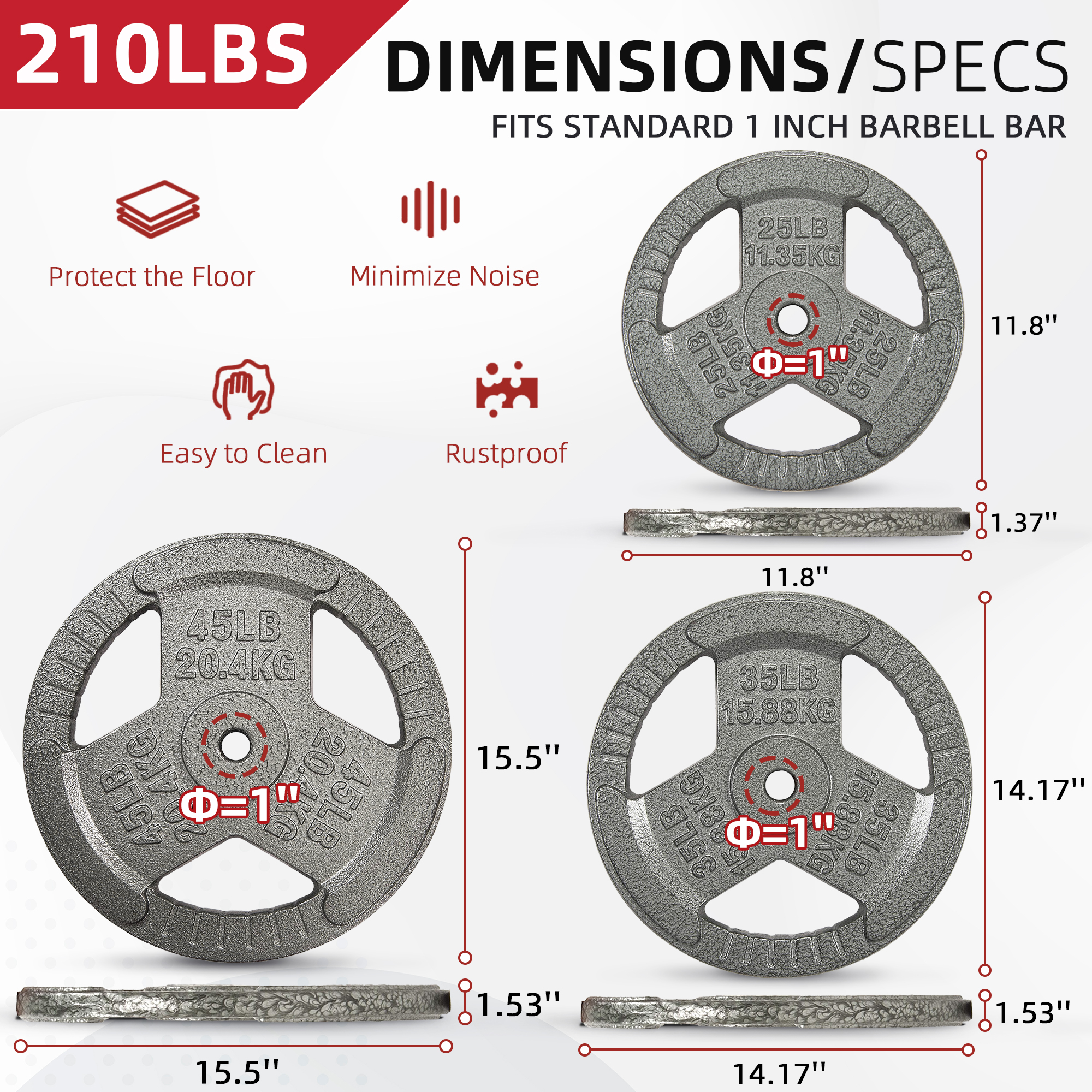 Sprint Demon 210-Pound Cast Iron Weight Plate Set: 1-Inch Hole, Rust-Resistant Finish, Durable for Strength Training