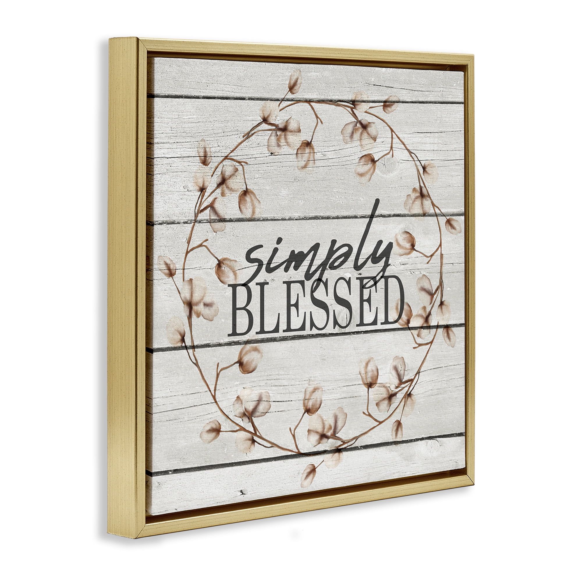 Stupell Industries Simply Blessed Rustic Wreath Botanical & Floral Painting Gold Floater Framed Canvas Art Print Wall Art, 25 x 25
