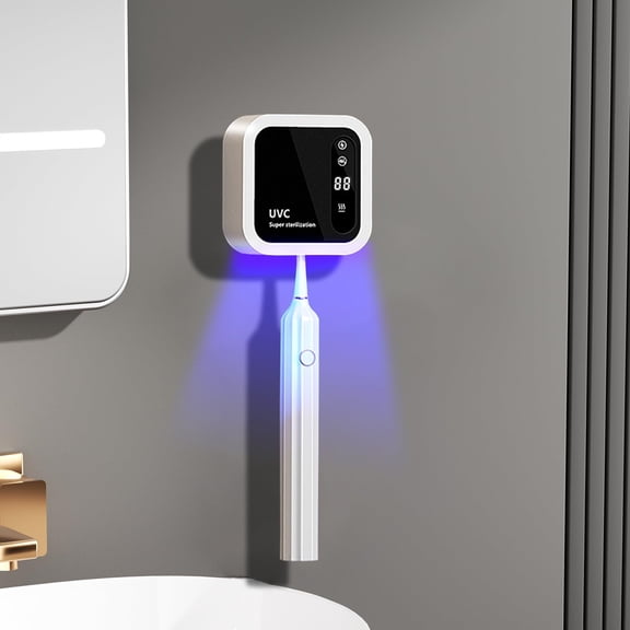 Smart Toothbrush Holder for Bathroom, Wall-Mounted UV Cleaner with LED Screen & Constant Temperature Drying, Rechargeable & Portable Travel Case Included (White)
