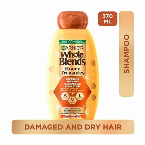 Garnier Whole Blends Honey Treasures Repairing Shampoo for Damaged and Dry Hair, Repairs Split Ends and Breakage, more Moisture, Paraben-Free, 370 mL
