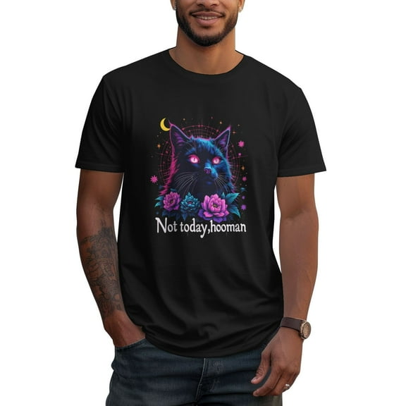 Men's Cat Graphic Print T-Shirt Cotton Casual Tee Black Crew Neck Short Sleeve Tops Unisex