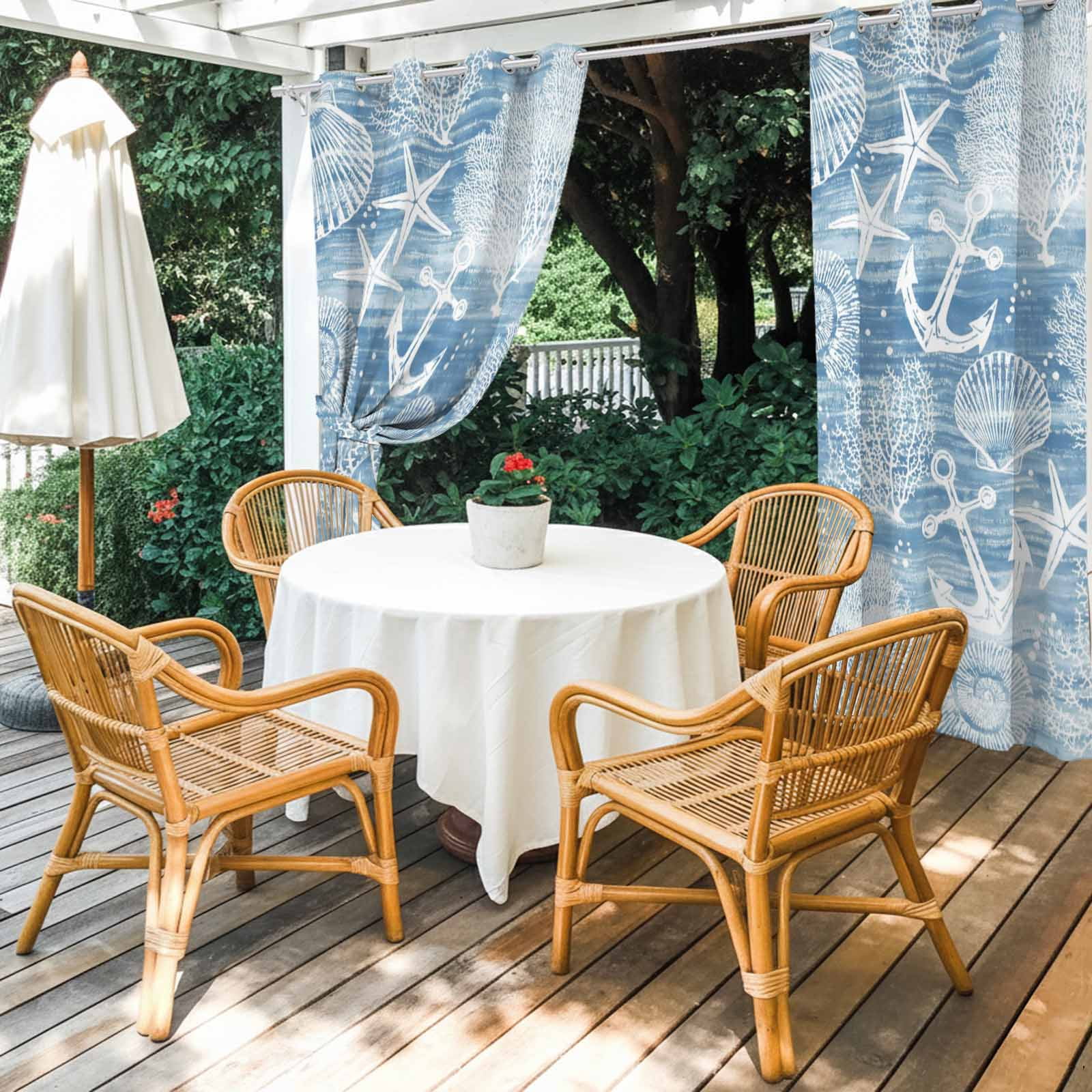 Summer Blue Ocean Outdoor Curtains for Patio, Vintage Nautical Sea Anchor Coral Shell Starfish Sunshade Privacy Drapes Grommet Waterproof Outside Curtains for Porch/Cabana/Balcony 54"x 108", 1 Panel