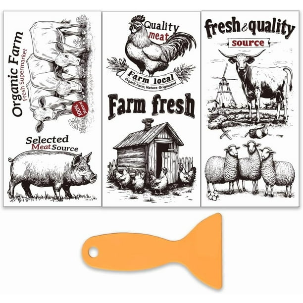 Juego de 3 calcomanías de animales de granja para muebles y manualidades (6 x 12 pulgadas). Adhesivos de transferencia con temática de granja.