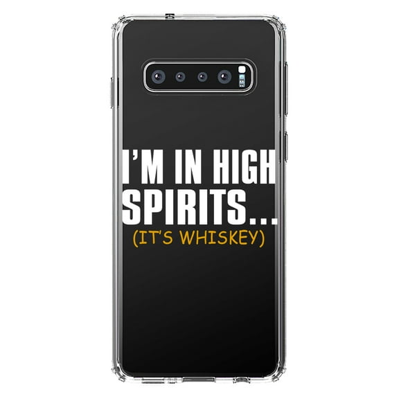 DistinctInk Clear Shockproof Hybrid Case for Samsung Galaxy S10  PLUS (6.4" Screen) - TPU Bumper Acrylic Back Tempered Glass Screen Protector - I'm in High Spirits (It's Whiskey)