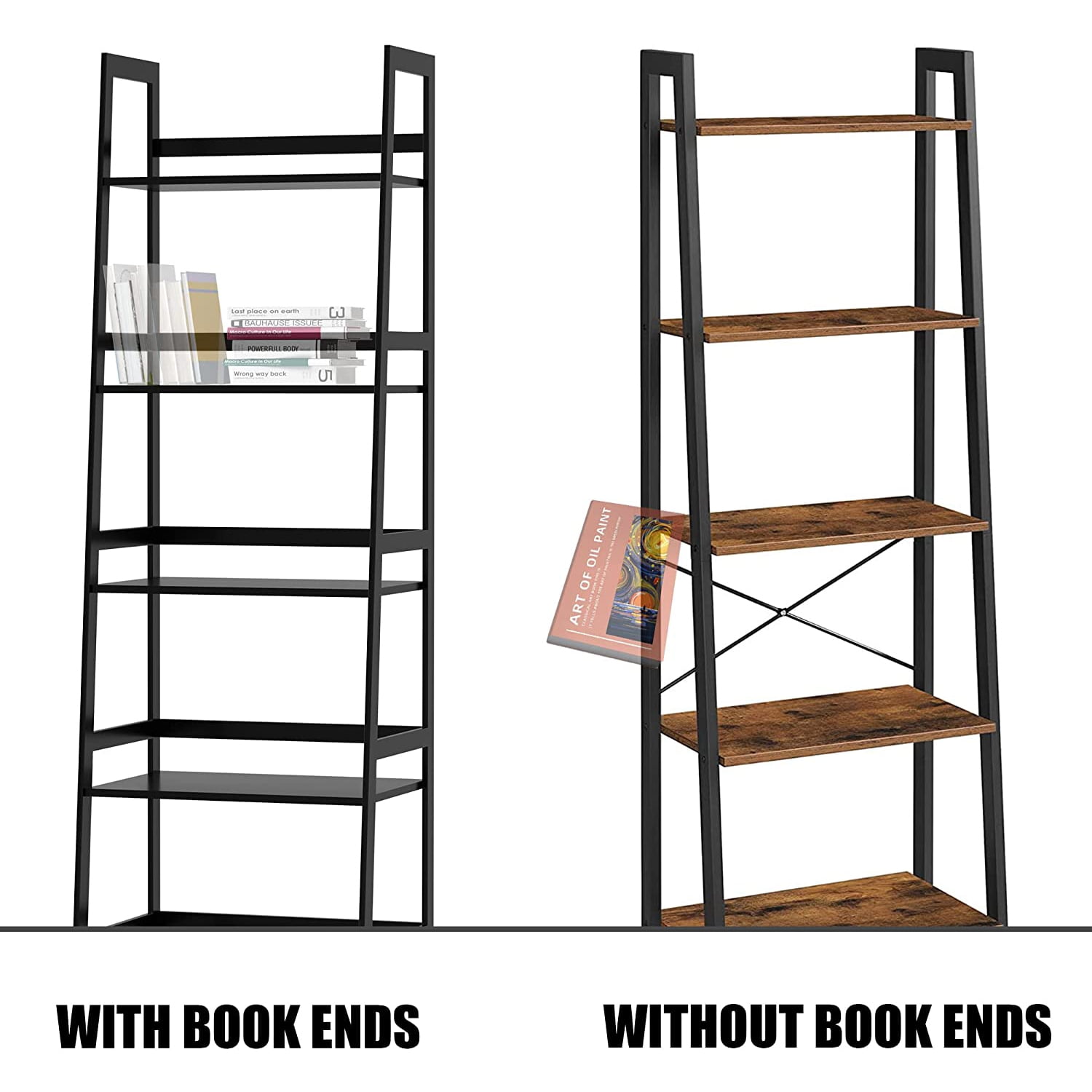Kadyn Bamboo Bookshelf, 5-Tier Book Shelf Bookcase Bathroom Shelves Freestanding Storage Stand for Living Room, Bedroom, Kitchen, Black