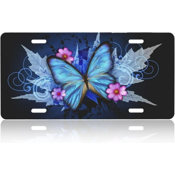 Stylish Flowers & Blue Butterflies License Plate,Decorative Car Front,Metal Car Plate,Vanity Tag,Aluminum Noverlty License Plate for Men Women Car 6×12 Inch
