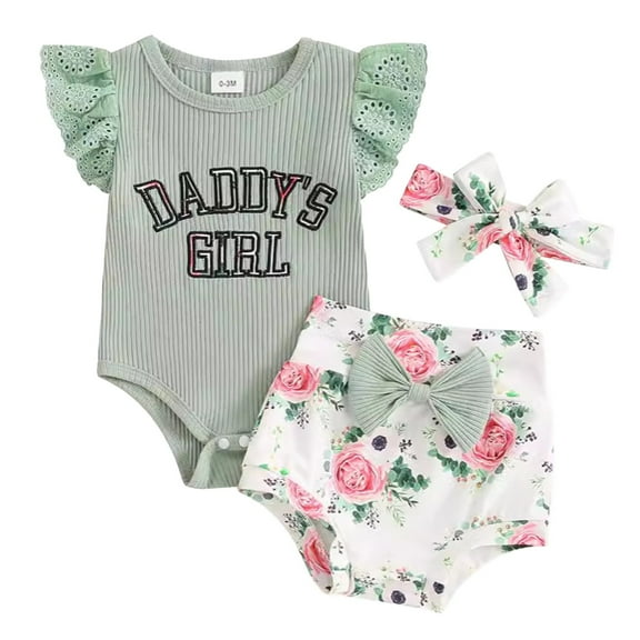 Girls Short Sleeve Letter Printed Ribbed Romper Bodysuits Floral Printed Shorts Headbands Outfits