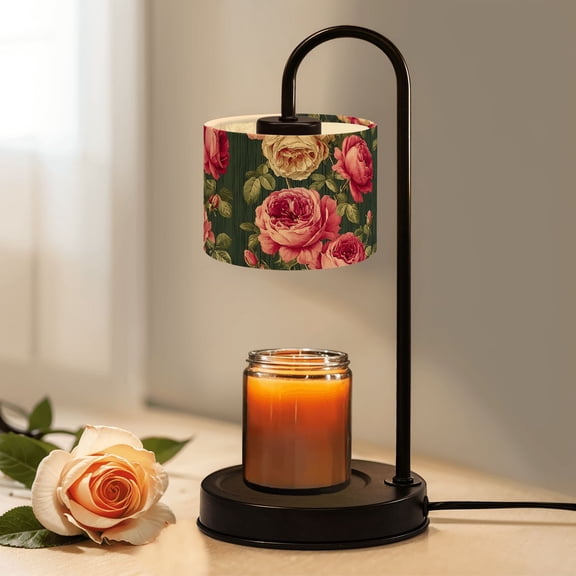 Candle Warmer Lamp with Timer Dimmer Vintage Floral Pink Cream Roses Dark Green Spring Decor Candle Lamp Warmer for Jar Candle with 4 Bulbs Gifts for Women House Warming Gifts