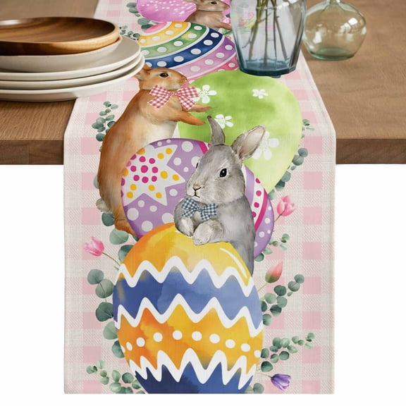 Table Runner 36 Inches Long for Kitchen Dining, Vintage Easter Dresser Scarf Farmhouse, Dining Table Decorations for Wedding/Parties, Colorful Floral Eggs Bunny Pink Plaid Rustic 13 x 36 In