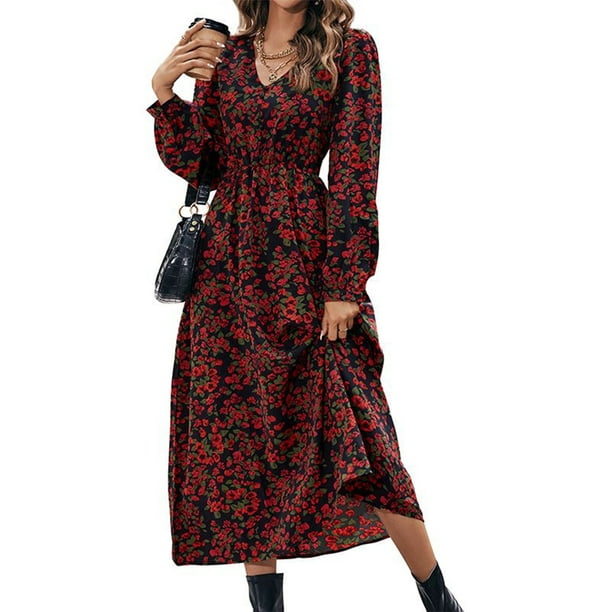 Lucakuins Vestido largo para mujer, elegante vestido floral de manga larga con cuello en V, vestido casual de otoño para la calle diaria Lucakuins moda