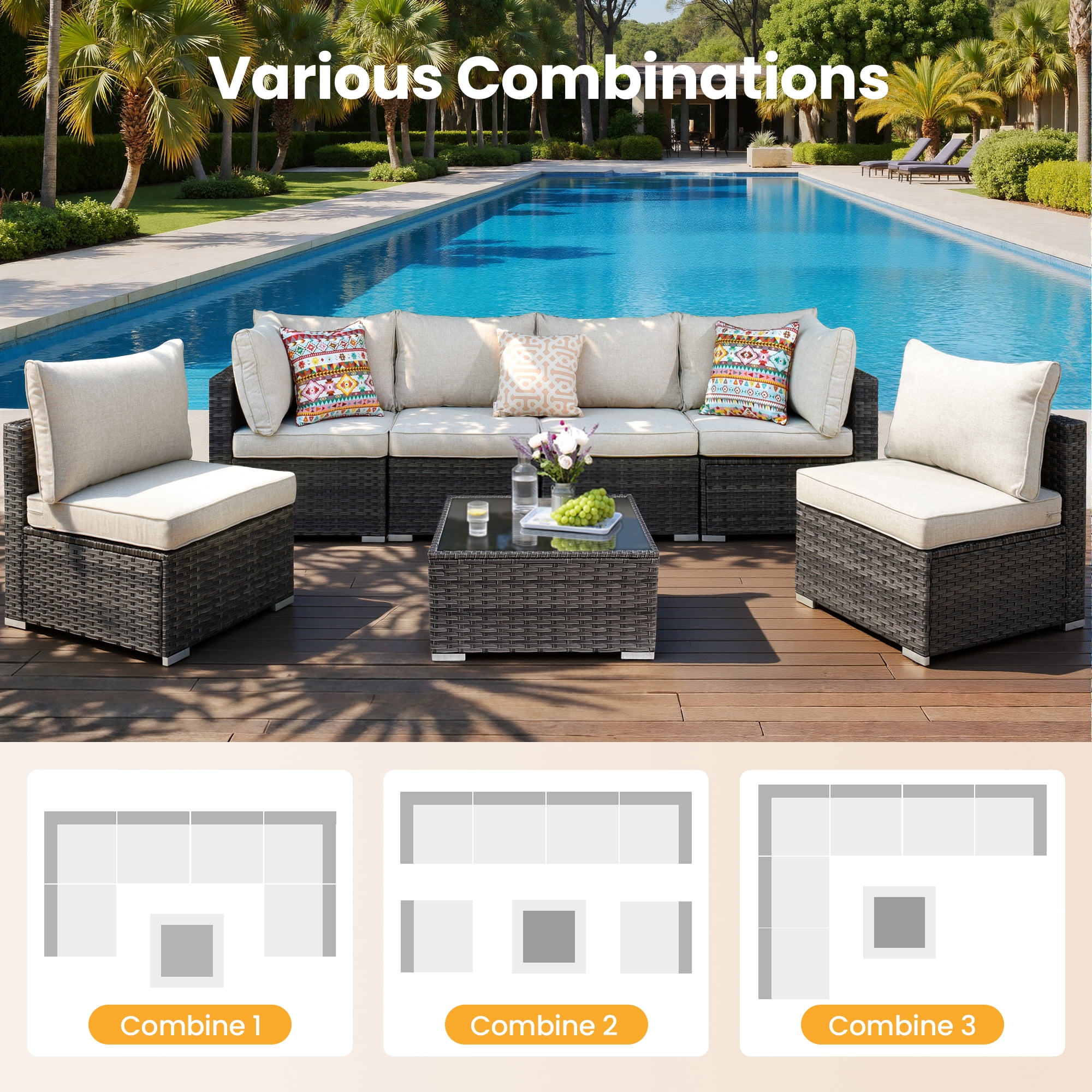 XIZZI 7-Piece Outdoor Sectional Furniture Sets, Wicker Patio Conversation Set with Cushions and Coffee Table, All-Weather Patio sets for Backyard, Garden,Beige