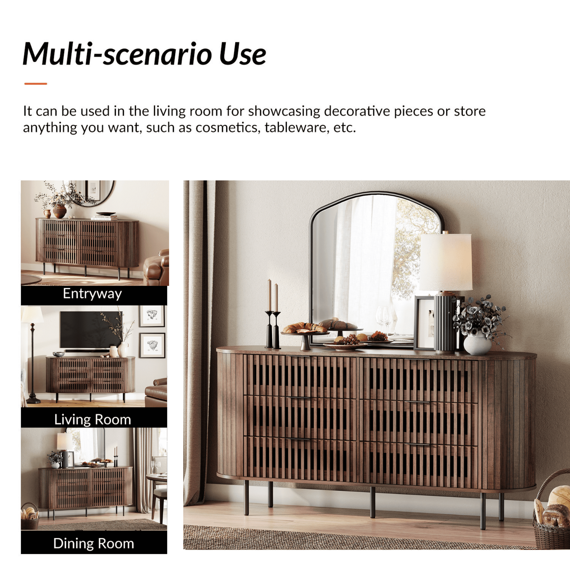 WAMPAT Fluted Dresser TV Stand for 70 Inch TV, Mid Century Modern Entertainment Center with 6 Drawers, Walnut