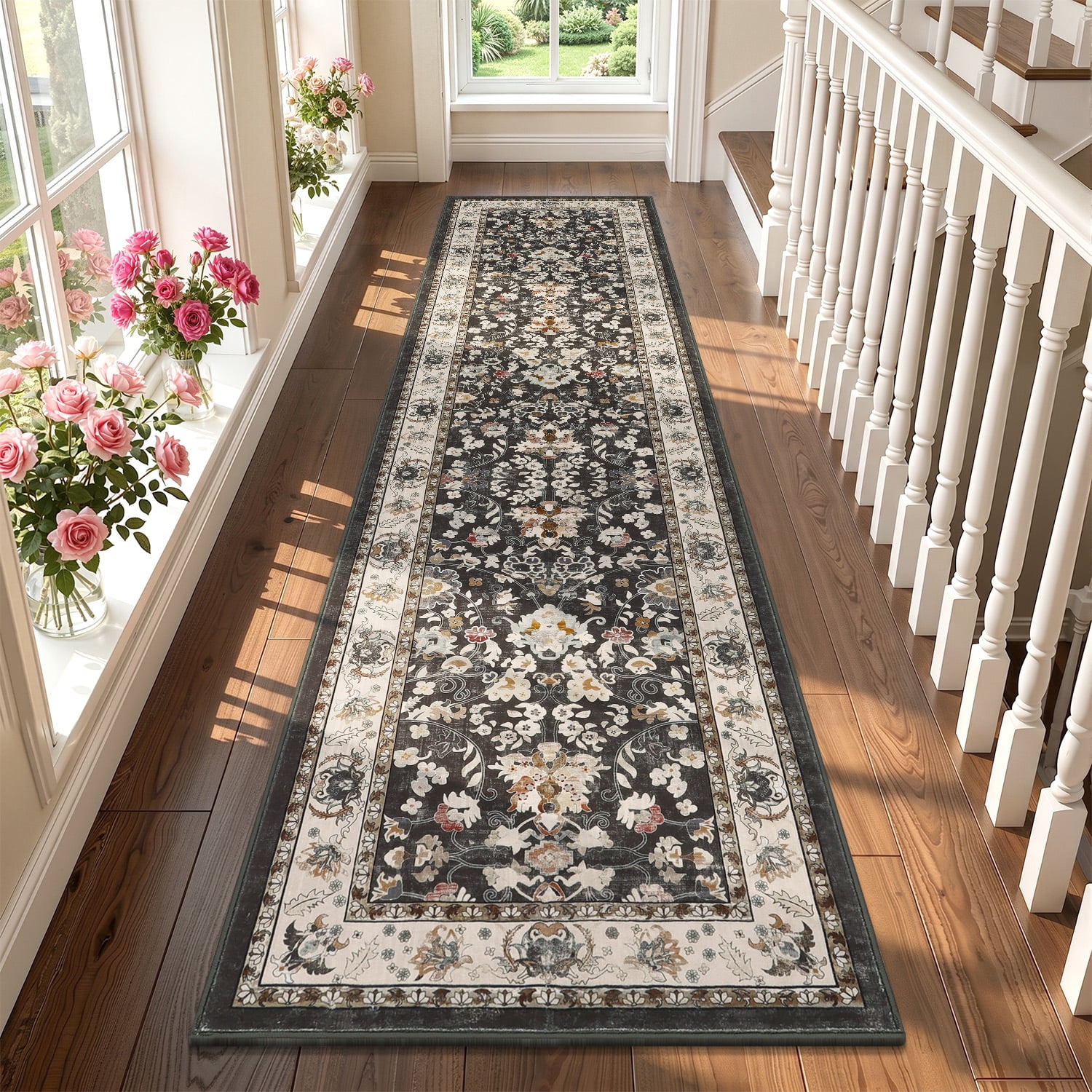 MJIAexp 2' x 8' Boho Floral Kitchen Runner Rug Machine Washable Runner Rug Non-Slip Hallway Runner Laundry Rug Throw Carpet for Living Room Bedroom Dining Room Entryway Kitchen Black