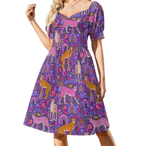 Cheetahs in a Garden en azul marino vestido de manga corta vestidos de mujer verano 2025 vestidos de verano para mujer