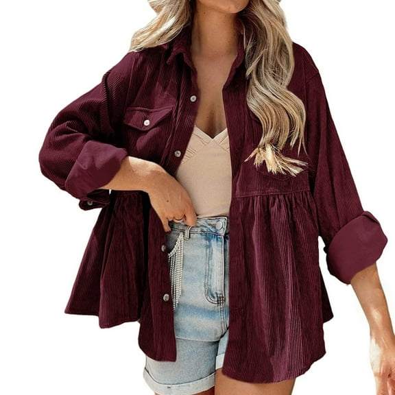 Womens Corduroy Peplum Shacket Jacket Long Sleeve Button Down Babydoll Shirts Oversized Casual Blouses Tops