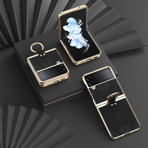 SaniMore for Samsung Galaxy Z Flip 4 (6.7" 2022) Case, Wear-resistant PU Leather Skin with Embossed Flower, 360 Degree Rotating Ring Kickstand, Slim Lightweight Shockproof Cover, Black