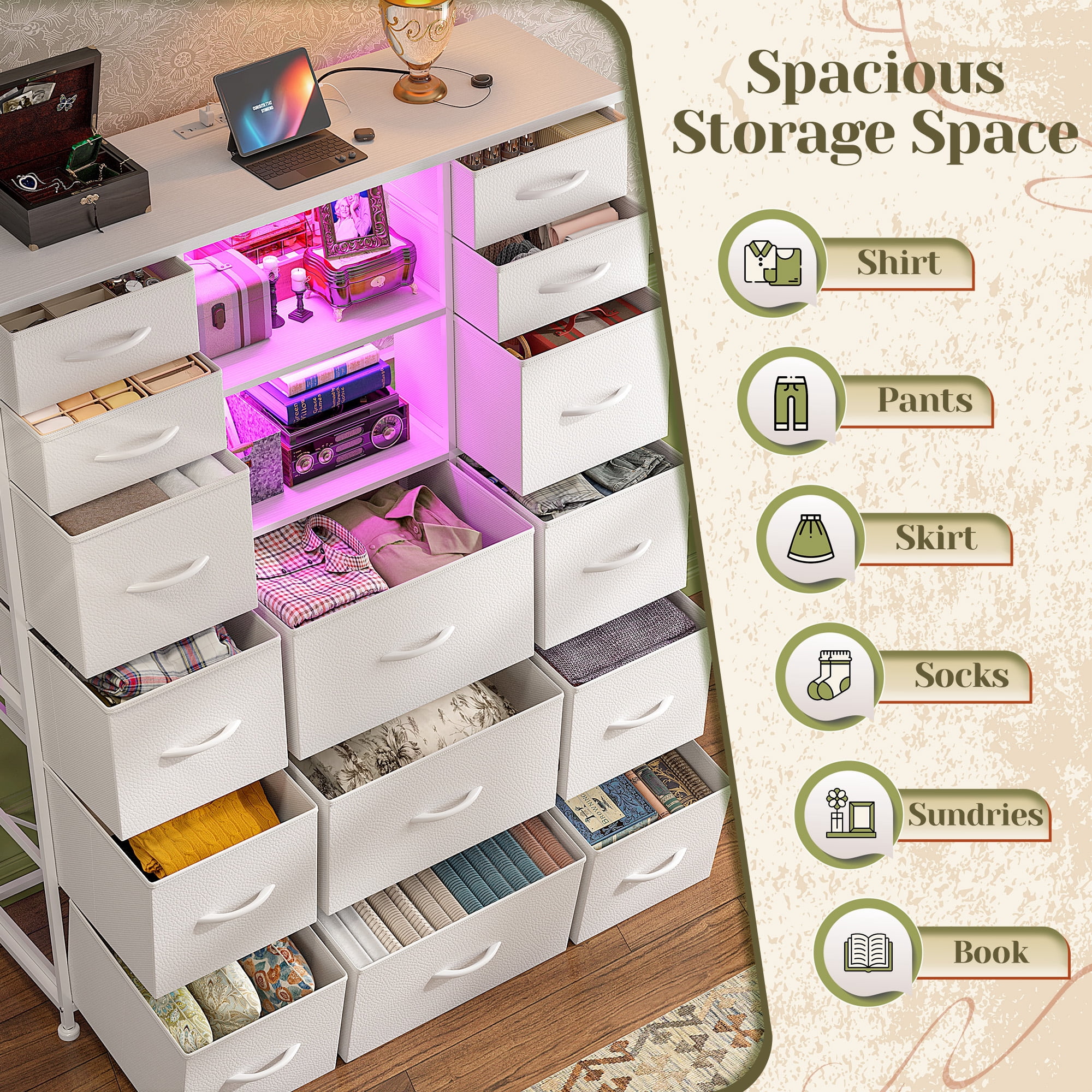 Romorgniz 51" H Dresser with 15 Fabric Drawers Tall Dresser for Bedroom with Charging Station & LED Lights, White