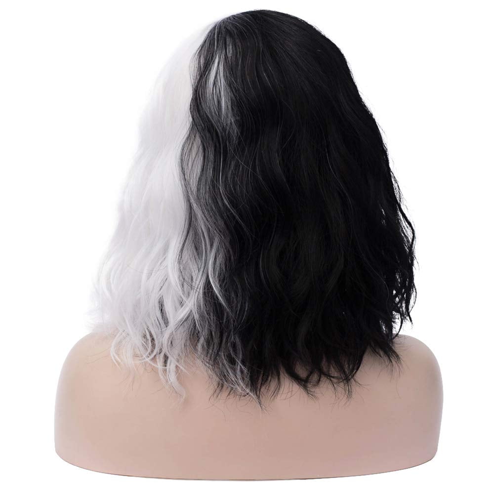 Dopi Black and White Wig for Women Girls Wig for Cruell/a Half White and Half Black Wig Short Curly Wavy Bob Wig Synthetic Hair Wigs Two Tone Wig Split Wig