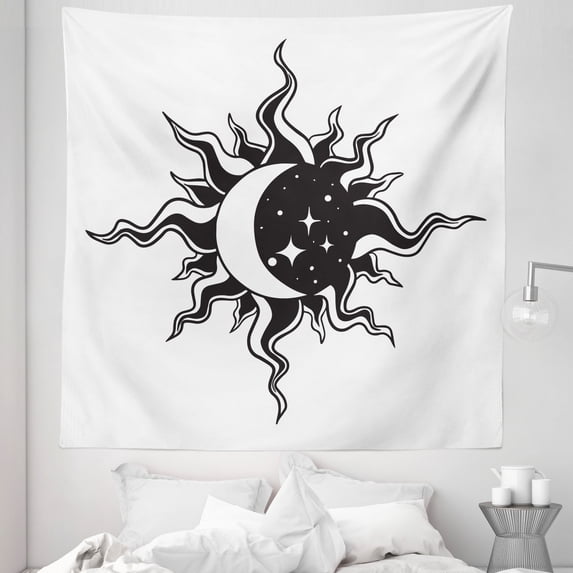 Hippie Moon Tapestry, Love between Crescent and Sun Star Astronomical Affection Artwork, Fabric Wall Hanging Decor for Bedroom Living Room Dorm, 5 Sizes, White and Charcoal Grey, by Ambesonne