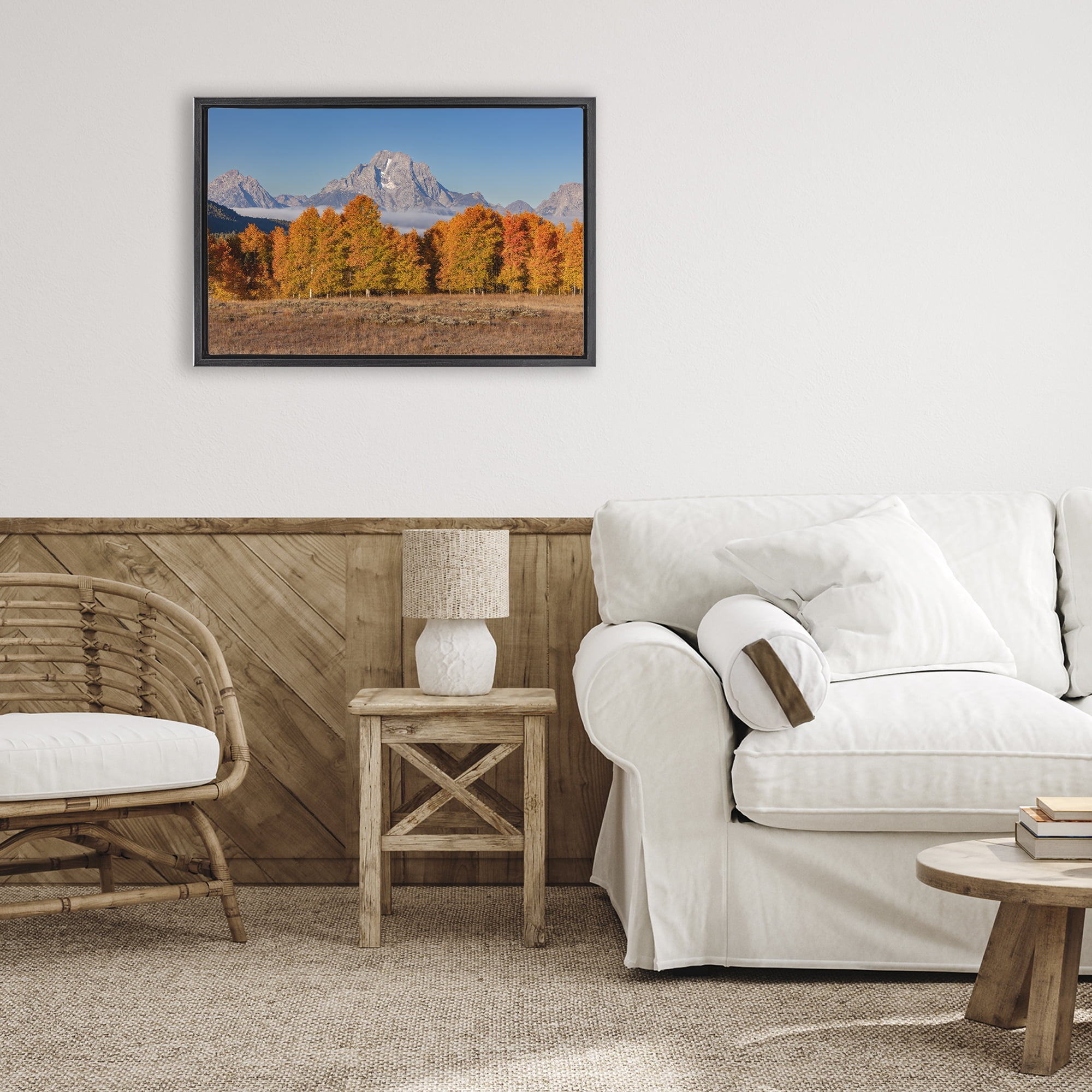 Autumn Tree Line With Mountain Black Framed Floater Canvas Wall Art, design by Shelley Carlisle