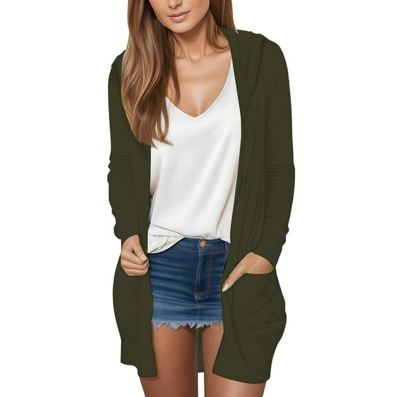 VISALY Long Cardigans Thin Cardigans Lightweight Womens Cardigans Long Sleeve Pockets Fall Open Front Cardigan Jackets Trendy Work Shirts Multisize Cardigan Sweaters Office Cardigans Blackish Green L