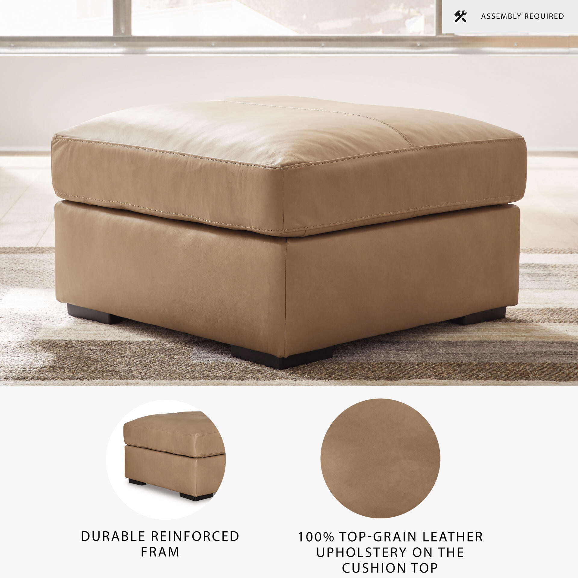 Signature Design by Ashley Bandon Oversized Accent Ottoman, Top Grain Leather Cushion, Toffee