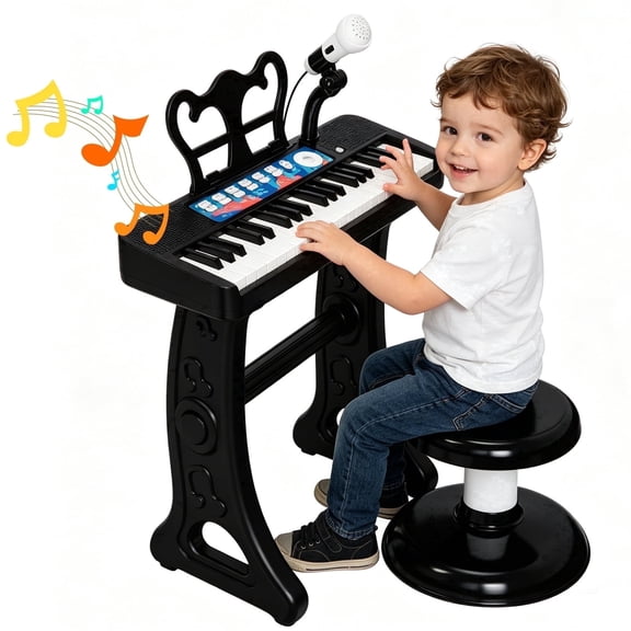 Tepear Piano Keyboard for Kids, 37 Keys Black Pianos Toy with Stool & Microphone, Electronic Musical Instrument, Birthday Gifts for Boy Girl Age 3 4 5