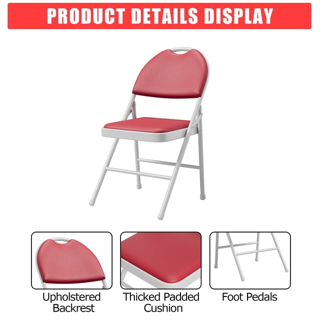 6-Pack Padded Folding Chairs – PU Leather Upholstered, Soft Cushioned Foldable Chairs with Metal Frame, Portable High Back Chairs for Office, Party, Dining Room – Red