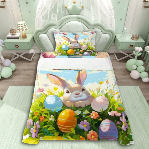 Erosebridal Cartoon Rabbit Colorful Eggs Twin Sheet Sets 3pcs For Kids,Easter Festival Bedding For Boys Girls,Microfiber Bedroom Decor