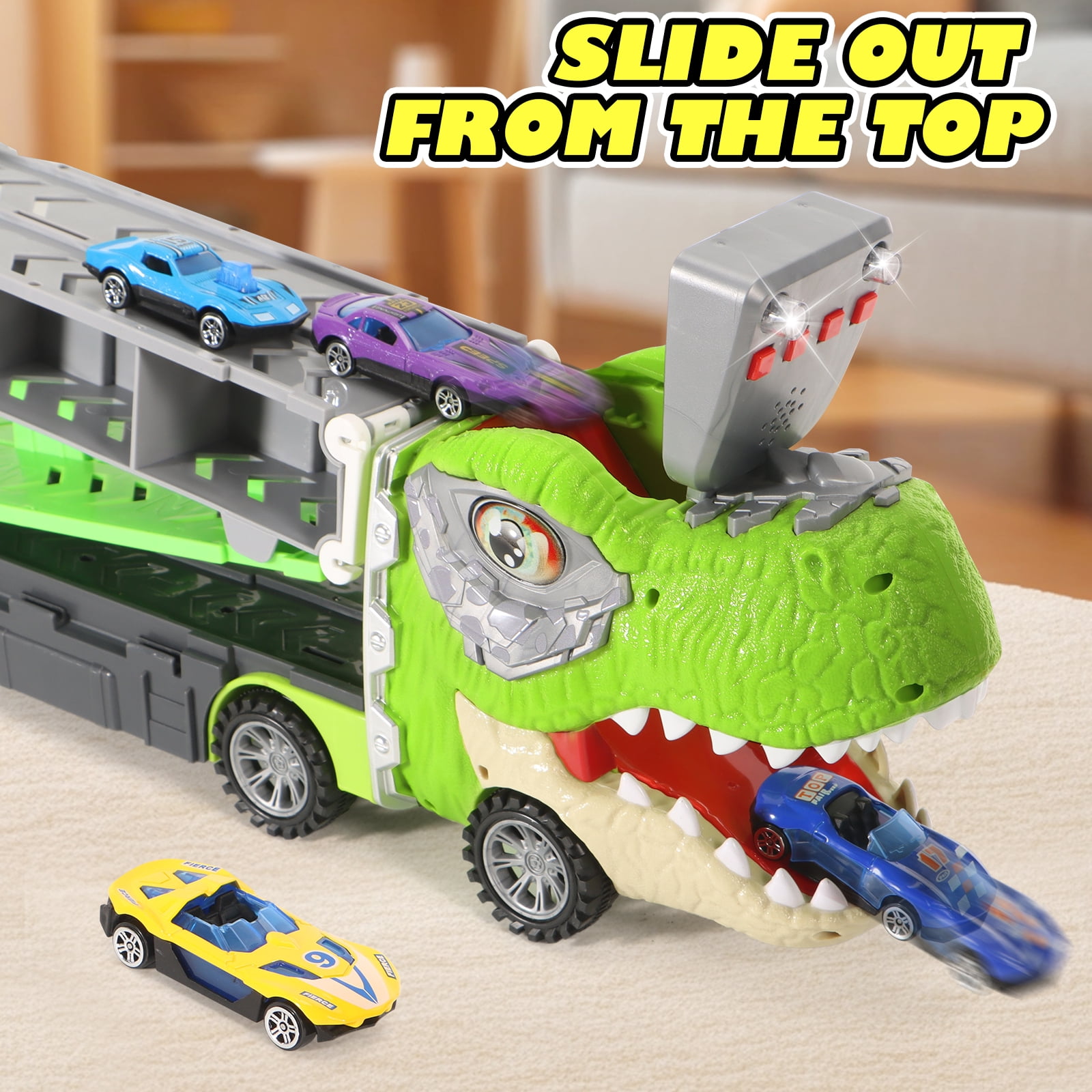 ToyM Dinosaur Truck Toys  for 3 4 5 Years Old Boys, Toddler, Foldable Track & 2 Player Race Mode, Light & Sound, 5-FT Race Track and 8 Die-Cast Metal Toy Cars and 4 dinosaur cars & 13 Accessories