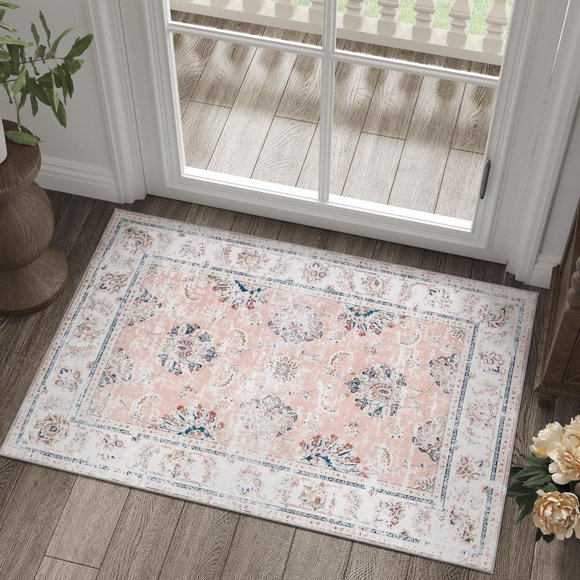 RUGKING Pink Rug 2x3 Area Rug Door Mat Floor Mat for Kitchen Entry Living Room Bedroom Bath Indoor Rug Non-Slip Foldable Floral Print Vintage Small Rug