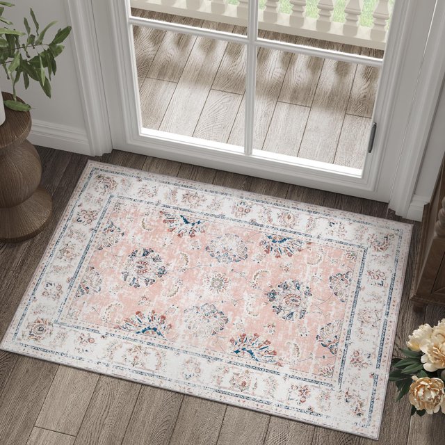 RUGKING Pink Rug 2x3 Area Rug Door Mat Floor Mat for Kitchen Entry Living Room Bedroom Bath Indoor Rug Non-Slip Foldable Floral Print Vintage Small Rug